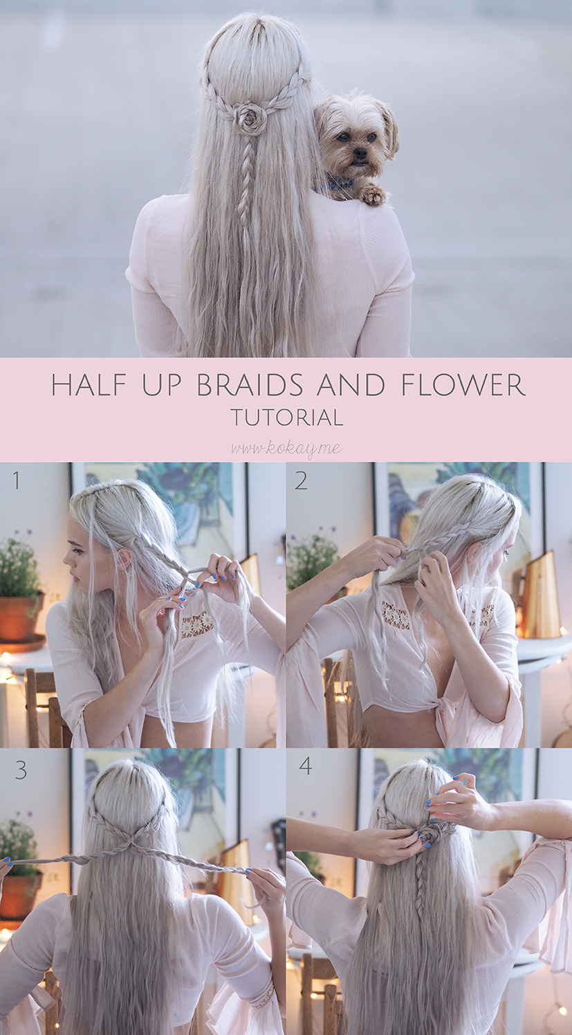Half up braids and flowers tutorial
