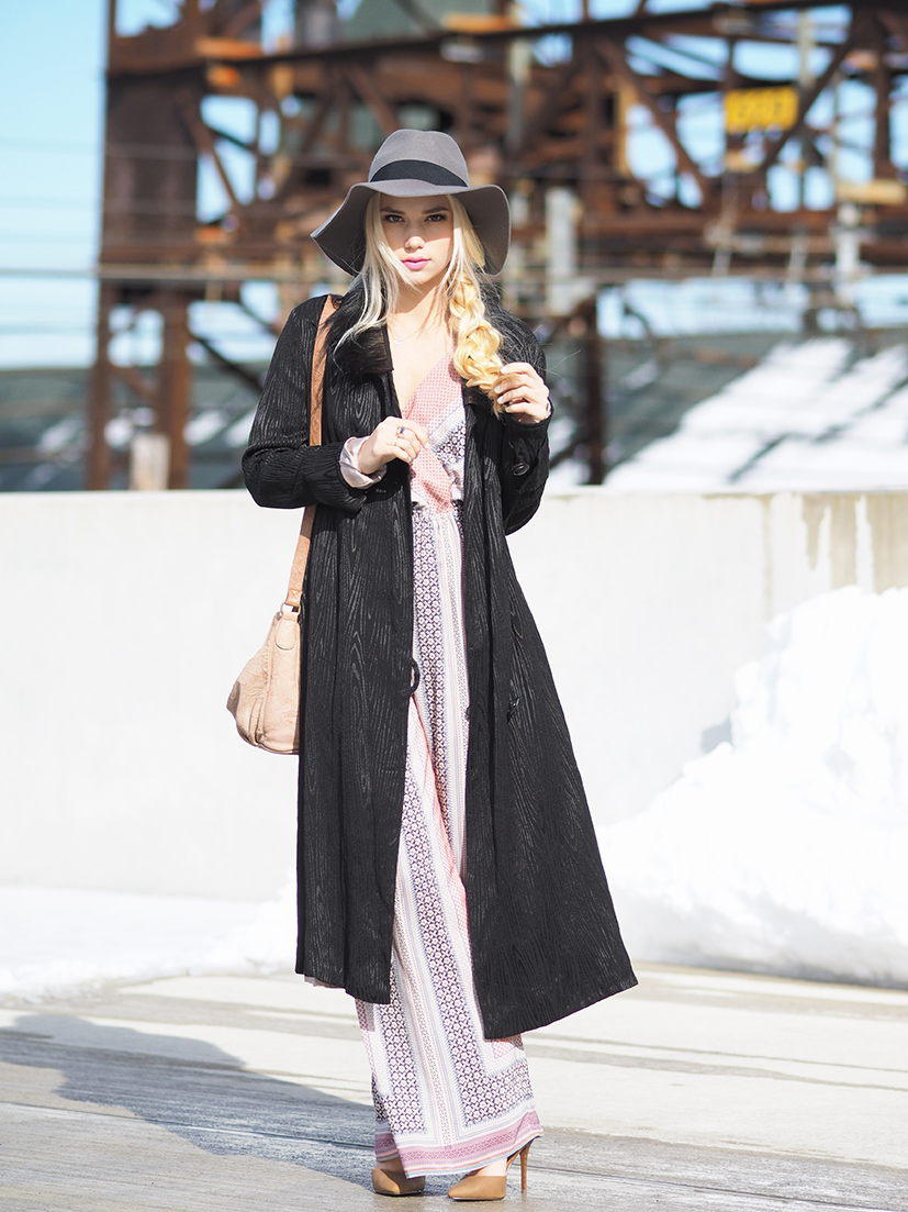 Pink patterned jumpsuit and retro coat