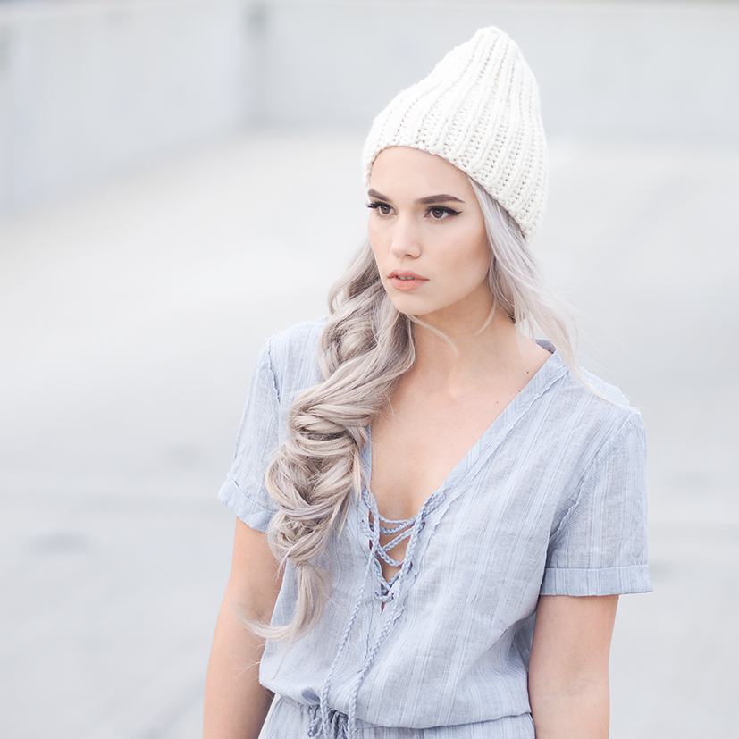 Chambray romper and a knit hat