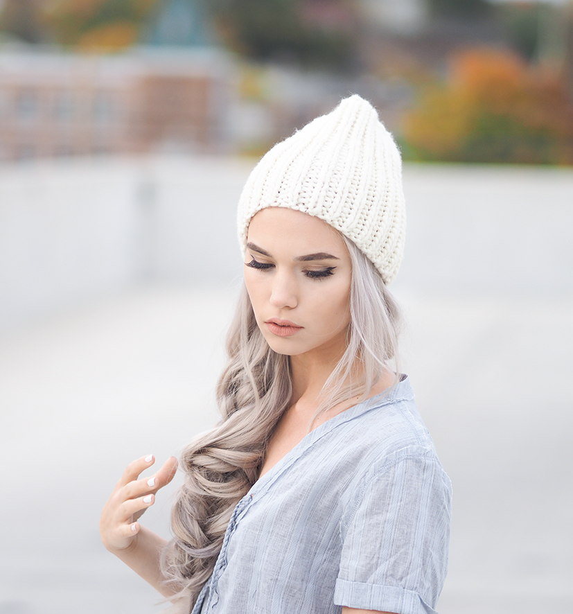 Chambray romper and a knit hat